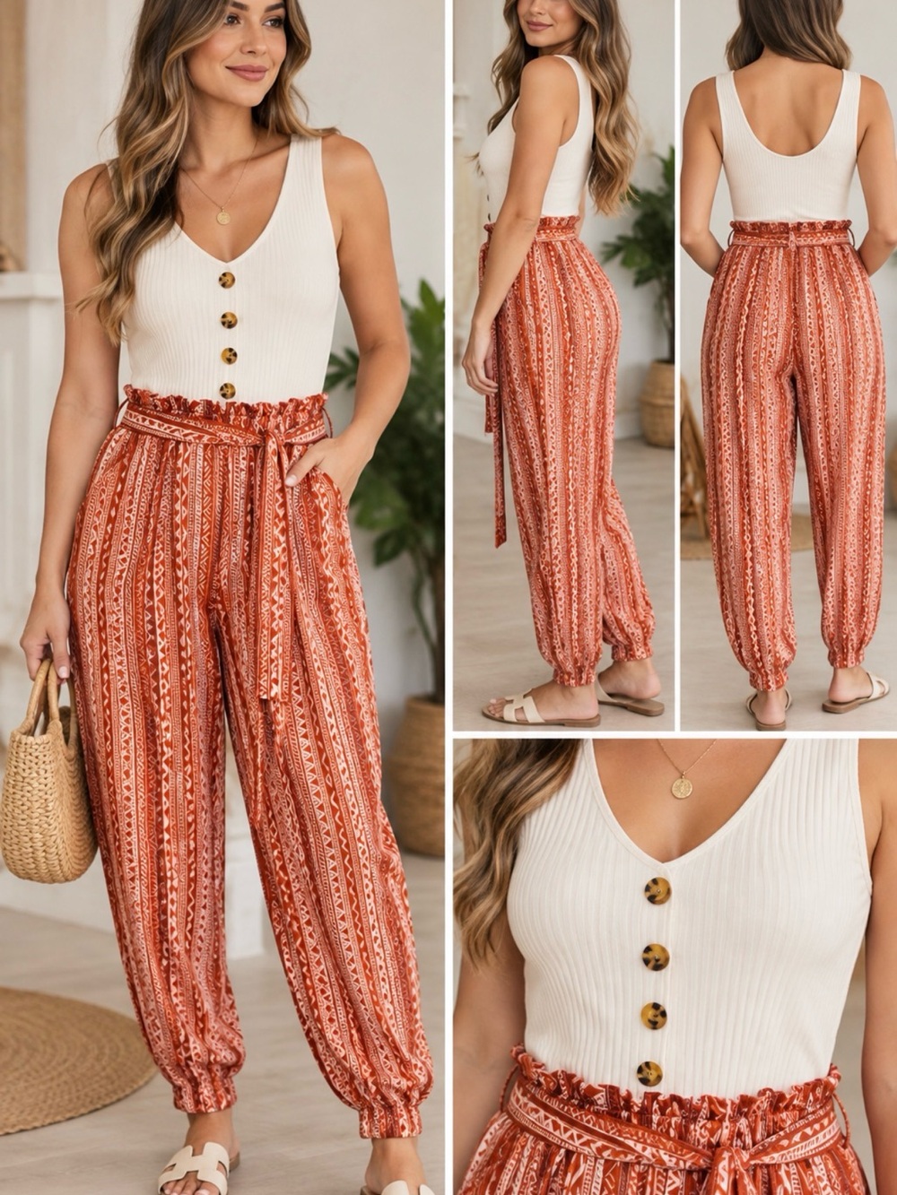 Striped Rust Paperbag Waist Printed Jumpsuit